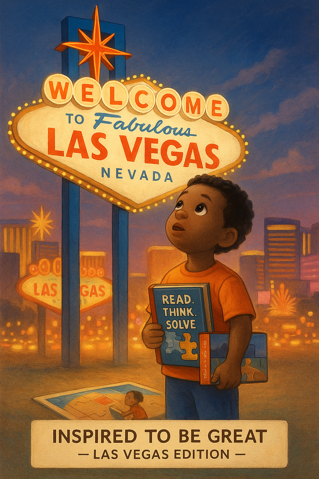 a boy holding a book staring up at the Welcome to Las Vegas sign in awe
