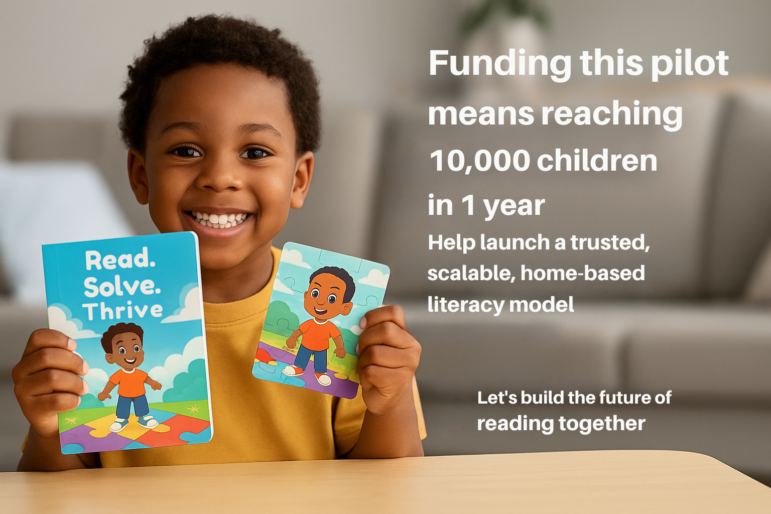 a young boy smiling and holding a Read.Think.Solve book and completed puzzle